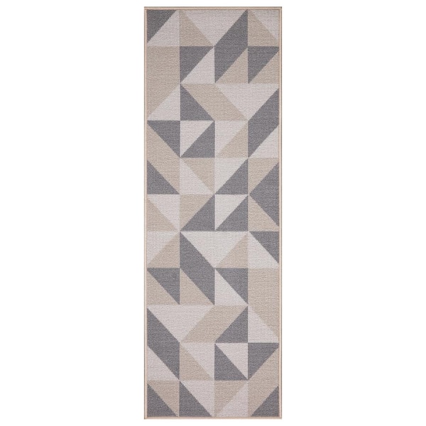 Ottomanson Basics Collection Non-Slip Rubberback Abstract Geometric 2x5 Indoor Runner Rug, 1 ft. 8 in. x 4 ft. 11 in., Beige