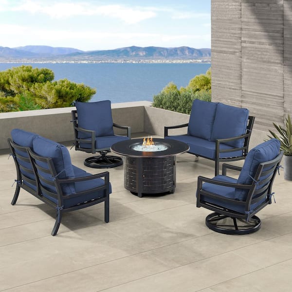 Oakland Living Black 7-Piece Aluminum Patio Fire Pit with 2-Deep Seating Loveseat and 2-Club Chairs Blue Cushions