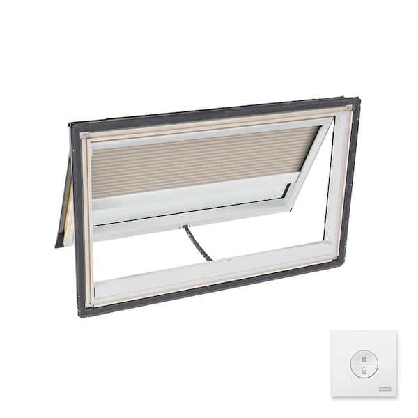 VELUX 44-1/4 x 26-7/8 in. Solar Powered Venting Deck Mount Skylight Laminated LowE3 Glass, Classic Sand Light Filtering Blind