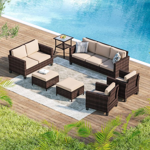 Sonkuki 7-Pieces Patio Conversation Set with Side Table, Outdoor Armchair and Ottomans Brown Wicker with Sand Cushions