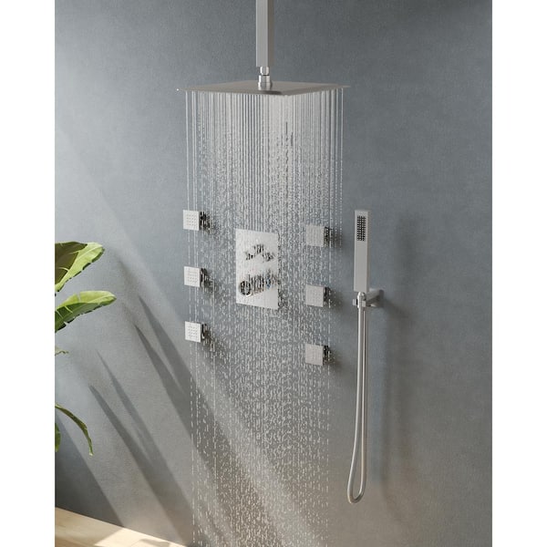 8-Spray Patterns 2.5 GPM 12 in. Shower Head Ceiling Mount Fixed Shower Head with Handheld In Brushed Nickel