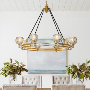 8-Light W 33 in. Modern Wagon Wheel Chandelier in Antique Gold with Facet-cut Crystal Shade for Vintage Dining Room