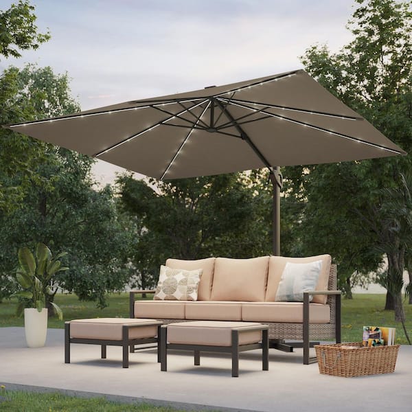 10 x 8 ft. Metal Solar-powered Cantilever Patio Umbrella with 360° Rotation and Canopy Angle Adjustment in Taupe
