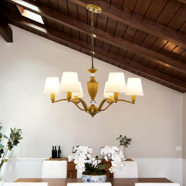 6-Light Wrought Iron Medieval Chandelier for Dining Living Room Pendant Light in Gold with White Fabric Shade