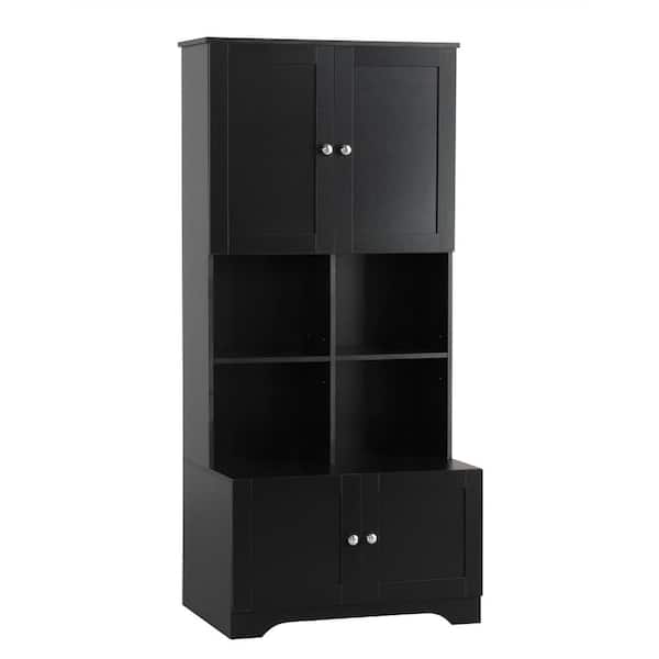 31 in. W x 21 in. D x 67 in. H Black MDF Floor Linen Cabinet with 4 Doors, Open Storage and Adjustable Shelves