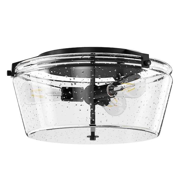 aiwen 17.71 in. 3-Light Industrial Black Flush Mount Lighting Fixture with Seeded Glass Shade