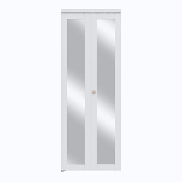 30 in. x 80 in. 1 Lite Mirrored Glass Solid Core Composite MDF White Primed Bi-fold Door with Hardware