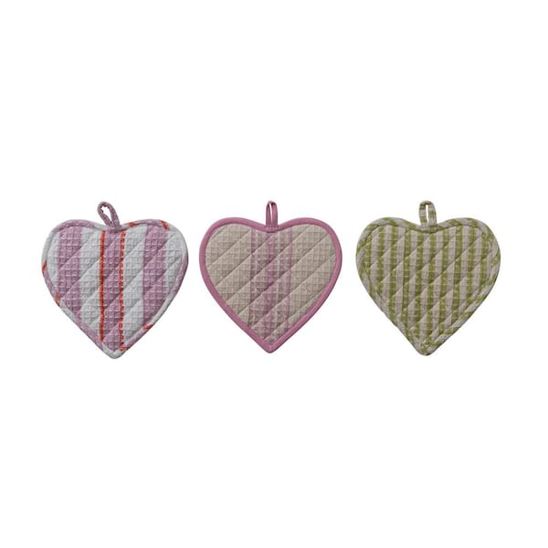 Multicolor Cotton Quilted Heart Shaped Pot Holder with Stripes 3-Pack