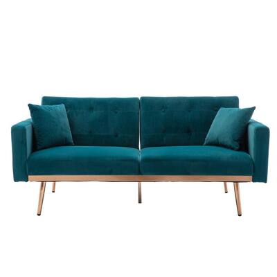 Leisure Living 68.11 in. Teal Velvet 2-Seats Contemporary Sofa in Rose Gold Metal Feet