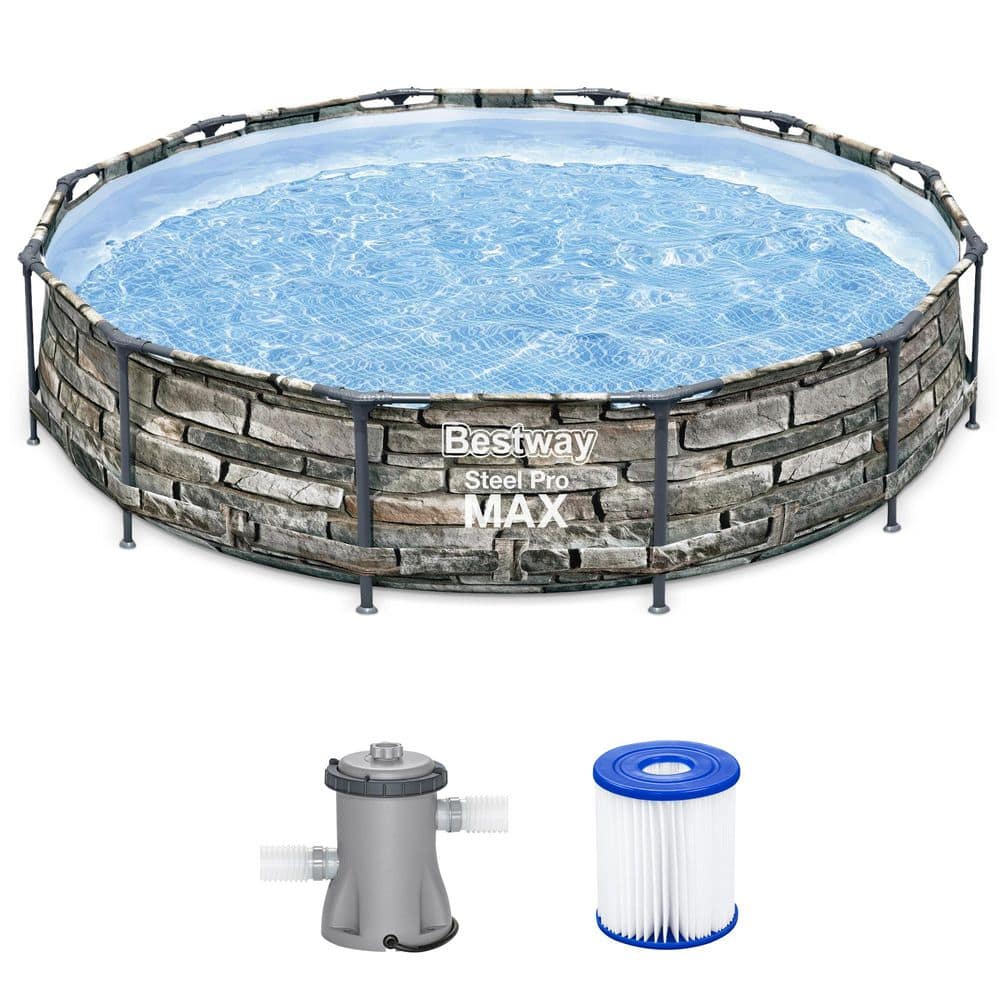 12ft Stone Print Steel Frame Round Above Ground Pool with Filter Pump