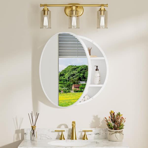 KeonJinn 24 in. W. x 24 in. H Round White Metal Framed Surface Mount Medicine Cabinet with Mirror