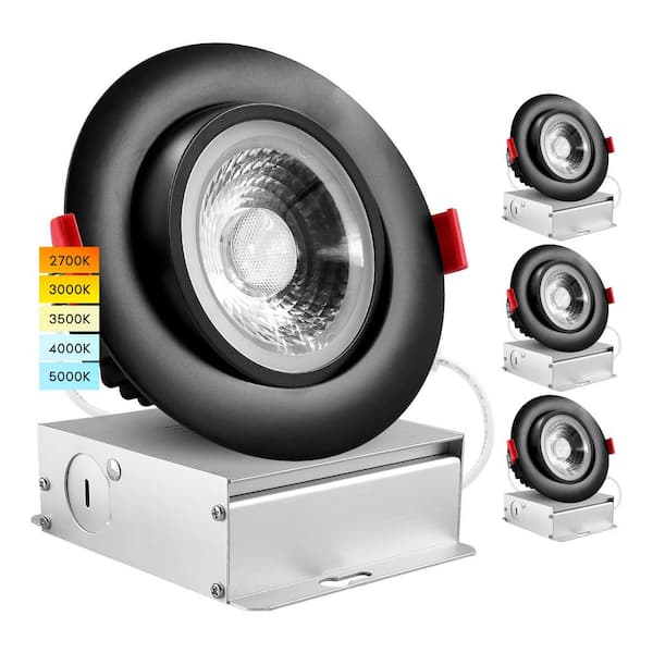 LUXRITE 4 in. Adjustable LED Gimbal Canless Recessed Light with J-Box 5 CCT 11-Watt 1000 Lumens IC Rated Damp Rated (4-Pack)