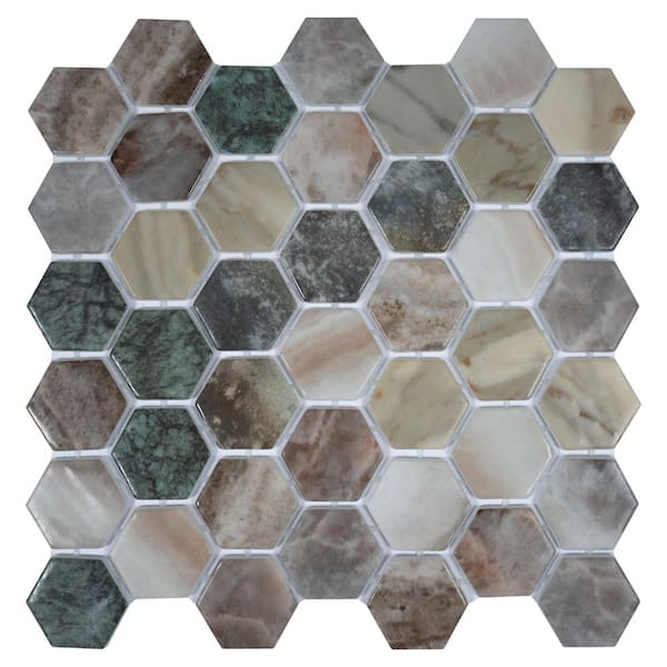Lucenza 4 x 5 in. Green Beige Matte Recycled Glass Hexagon Mosaic Wall and Floor Tile Sample