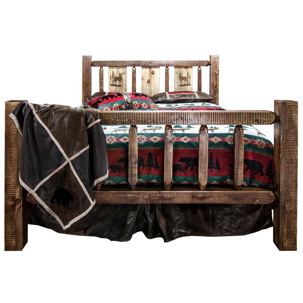 Queen Early American Pine Wood Panel Bed with Elk Motif