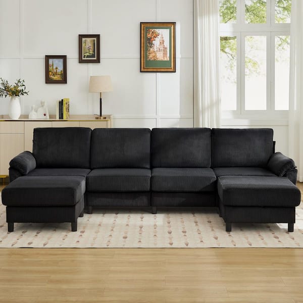 116.5 in. Pillow Top Arm 6-Piece Corduroy U-Shaped Convertible Modular Sectional Sofa with 2 Ottomans in. Black