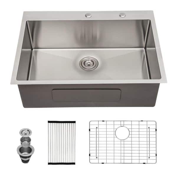 33 in. Drop-In Single Bowl 16 Gauge Brushed Nickel Stainless Steel Kitchen Sink with Drain Kit Topmount Kitchen Basin