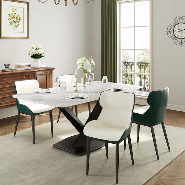 Magic Home Set of 4 PU Leather Dining Chair Morden Desk Chair with Black Iron Legs in Green