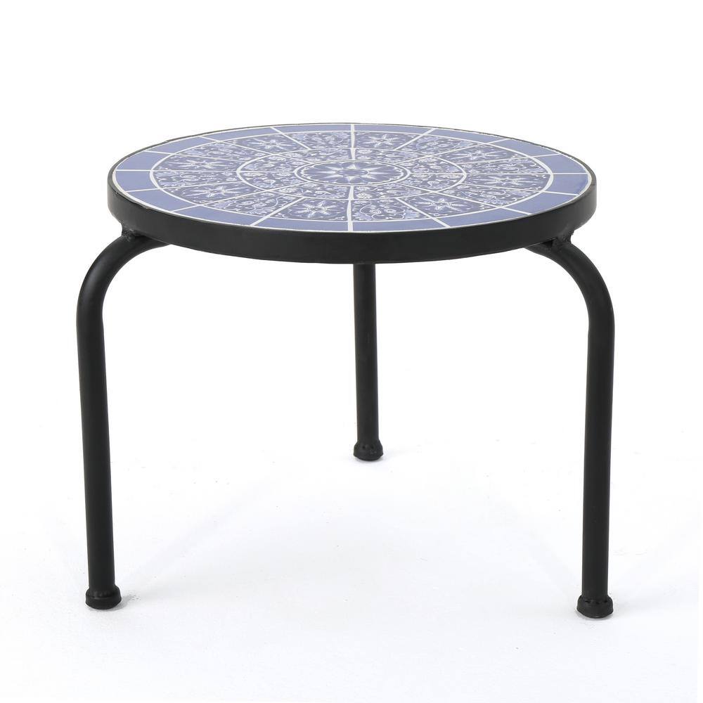 Blue and White Ceramic Tile Top Matte Black Iron Plant Stand