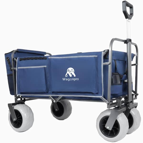 Dark Blue Beach Wagon, Steel Garden Cart with Big Wheels, Multiuse Bag, 500lbs Capacity