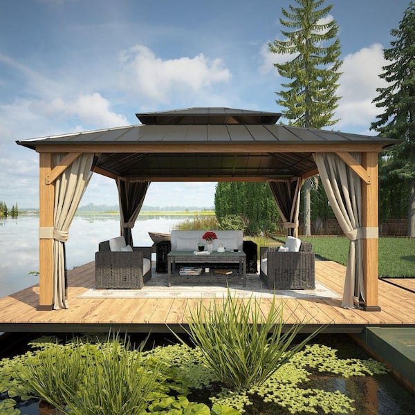 15 ft. W x 13 ft. D Outdoor Cedar Framed Hardtop Double Roof Gazebo, Mosquito Netting and Curtains Included