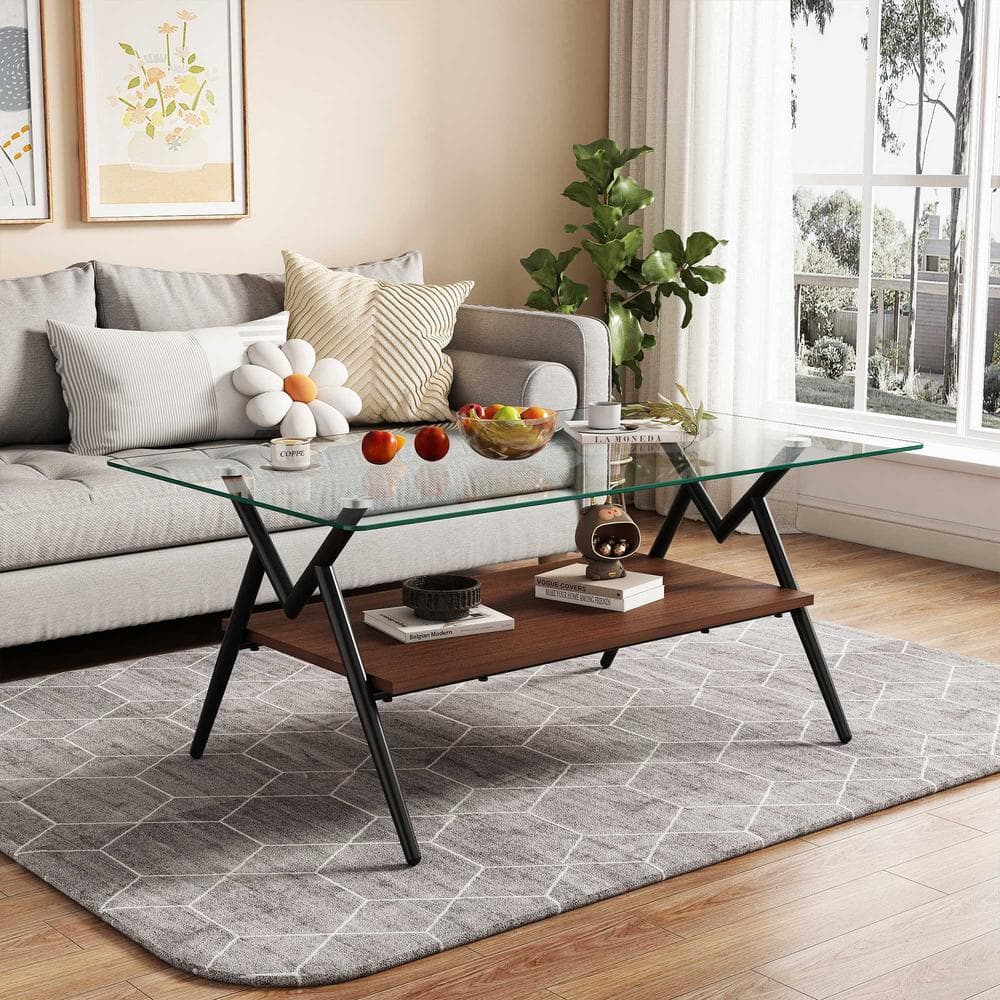 38.6 in. Rectangle Transparent Tempered Glass Coffee Table with Brown MDF S