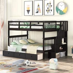 Stairway Full-over-Full Bunk Bed with Drawer, Storage and Guard Rail for Bedroom, Espresso color