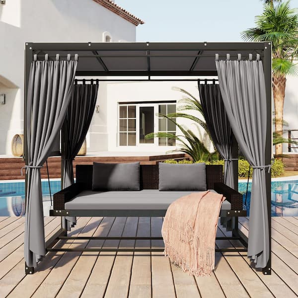 Polibi Metal Frame Outdoor Patio Swing Bed with Adjustable Curtains, Dark Gray Cushions and Pillows