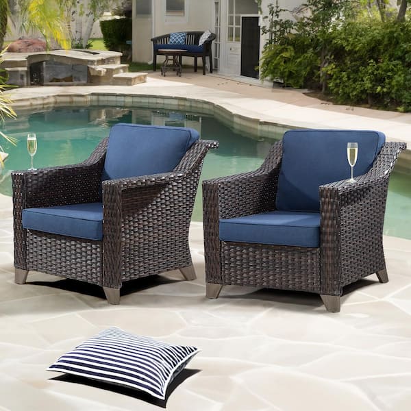 Patio Wicker Outdoor Lounge Chair with Thick Deep Blue Cushions (2-Piece)