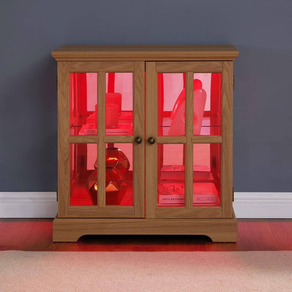 Oak 32 in. H LED Curio Display Cabinet Antique Showcase Cabinet with Adjust