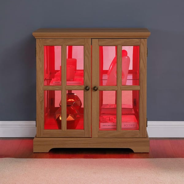 CSC DECOR INC Oak 32 in. H LED Curio Display Cabinet Antique Showcase Cabinet with Adjustable Shelves Retro Bookcase Storage Cabinet