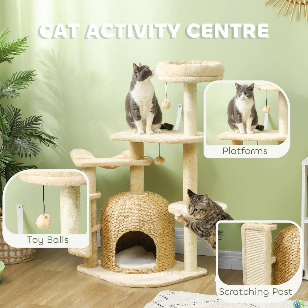 Beige Plush and Wicker 44" Cat Tree Tower with Hammock