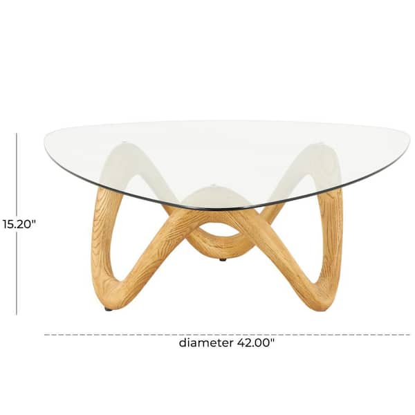 42 in. Beige Medium Triangle Cement Wood Grain Inspired Abstract Coffee Table with Wavy Base and Triangular Glass Top