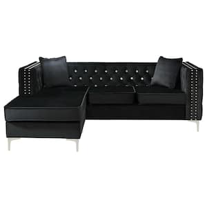 Paige 87 in. Black Tufted Velvet Sectional with 2-Throw Pillows
