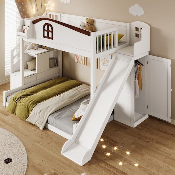 White Twin over Full Bunk Bed with Storage Staircase, Shelf, Slide and Wardrobe