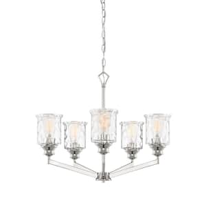 Drake 5-Light Polished Nickel Chandelier with Clear Hammered Glass Shades For Dining Rooms