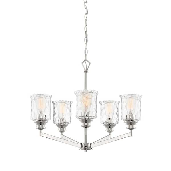 Designers Fountain Drake 5-Light Polished Nickel Chandelier with Clear Hammered Glass Shades For Dining Rooms