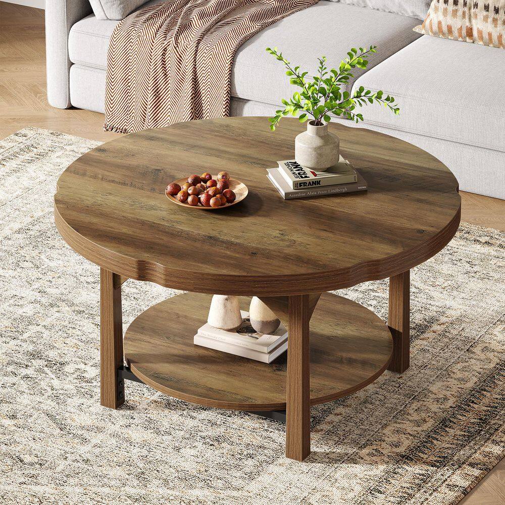 Allan 33.46 in. Brown Round Wood 2-Tier Coffee Table Center Table Cocktail Table with Storage Shelf for Living Room