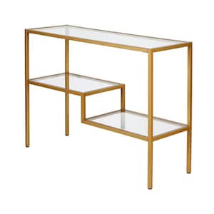 Lovett 42 in. Brass Standard Rectangle Glass Console Table with Shelves