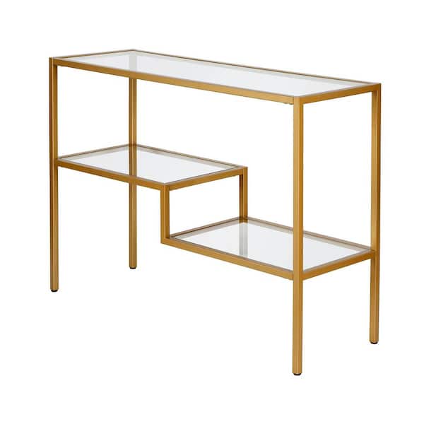 Meyer&Cross Lovett 42 in. Brass Standard Rectangle Glass Console Table with Shelves