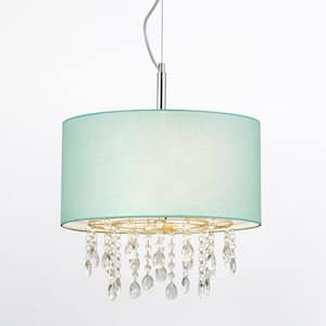 Florence 16.5 in. 3-Light Chrome Crystals Pendant Lamp with Light Turquoise Blue Shade