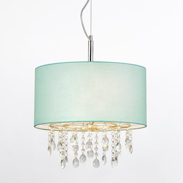 HomeGlam Florence 16.5 in. 3-Light Chrome Crystals Pendant Lamp with Light Turquoise Blue Shade