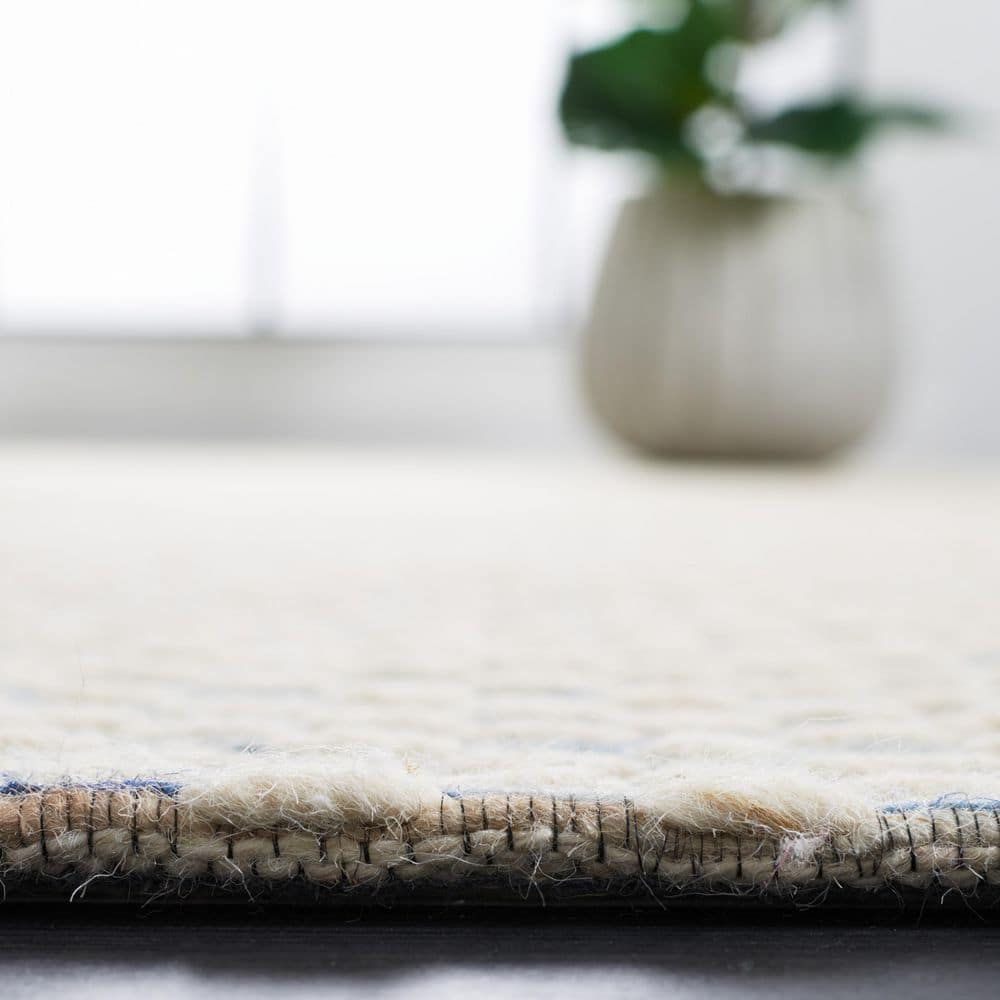 White and Navy Rectangular Wool 9' x 12' Flat Woven Handmade Rug