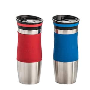 14 oz. 2-Piece Red and Blue Double Walled Stainless Steel Coffee Tumbler with Silicone Grip