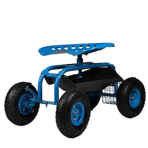 Blue Steel Rolling Garden Cart with Steering Handle, Swivel Seat and Basket