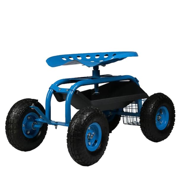 Sunnydaze Rolling Garden Cart w/ Extendable Steering Handle Seat & Basket Blue 