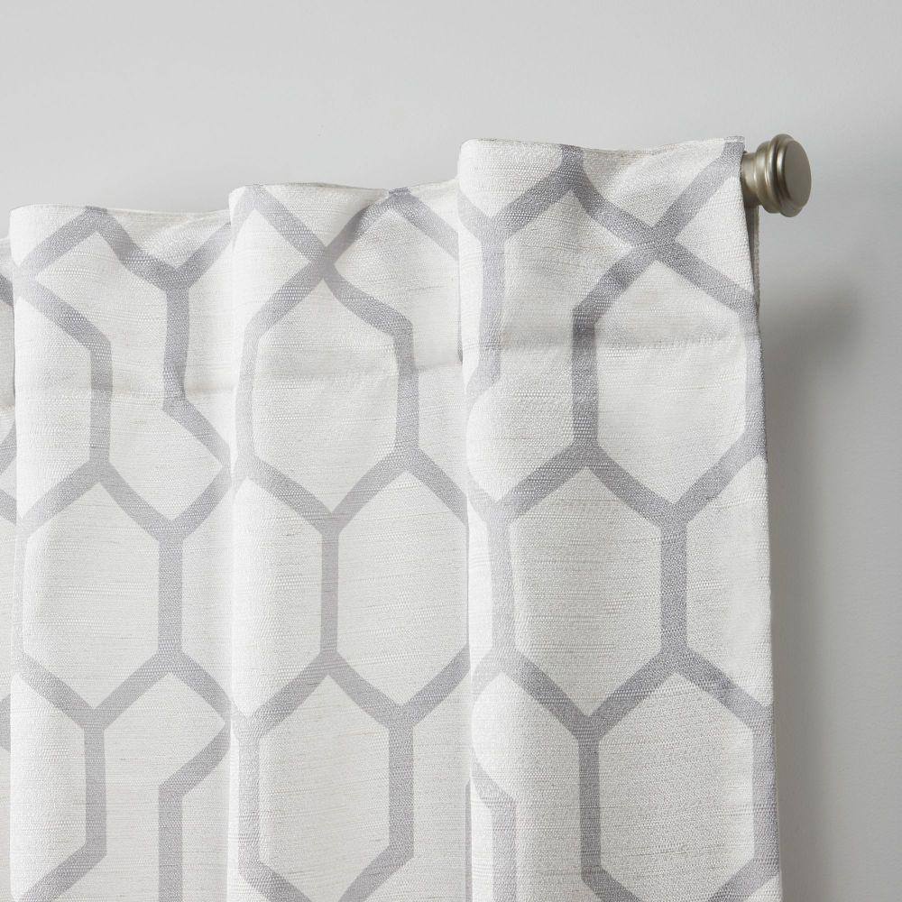 Dove Grey Geometric Print Light-Filtering Linen Drapes, 54" x 96"