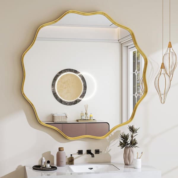36 in. W x 36 in. H Round Decorative Wave-Edge Gold Metal Deep-Framed Wall Bathroom Vanity Mirror