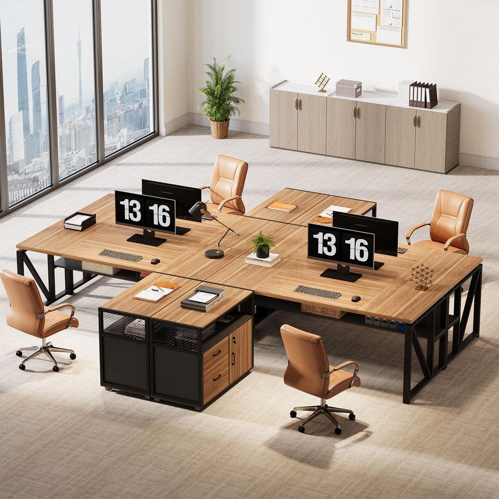 63 in. L-Shaped Light Walnut and Black Executive Desk with File Cabinet and Drawers, Reversible Office Desk with Shelves
