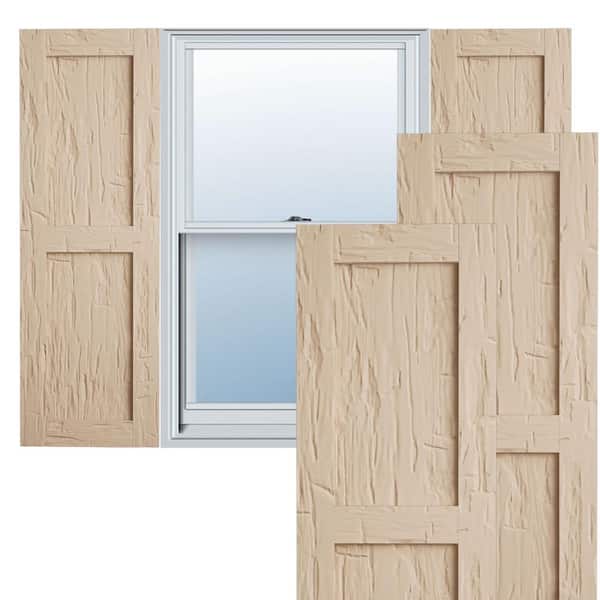 Ekena Millwork 15 in. x 56 in. Flat Panel Timberthane Polyurethane 2 Equal Panel Hand Hewn Faux Wood Shutters Pair