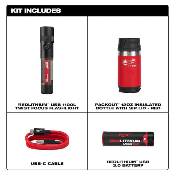 1100 Lumens LED USB Rechargeable Twist Focus Flashlight with PACKOUT Red 12 oz. Insulated Bottle with Sip Lid